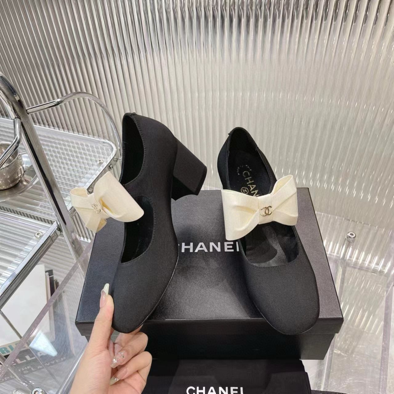 Chanel 24C Bow Mary Jane Shoes Original  Calf Leather 55MM Heels C85923 Black