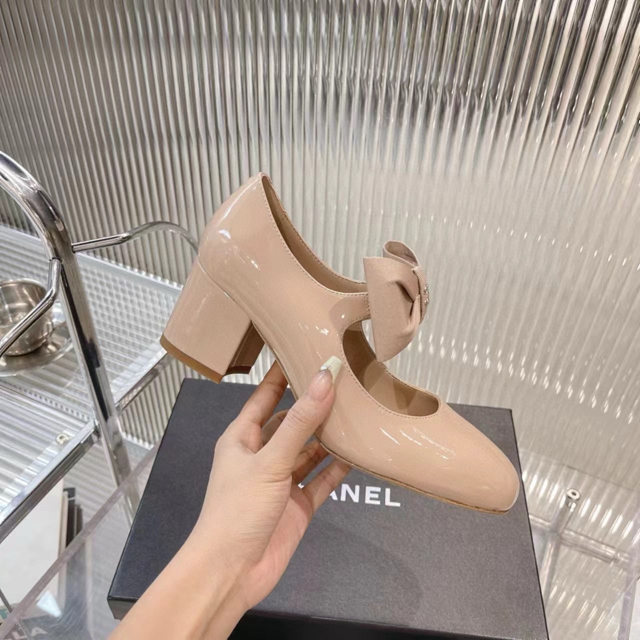 Chanel 24C Bow Mary Jane Shoes Original Patent Calf Leather 55MM Heels C85923 Nude