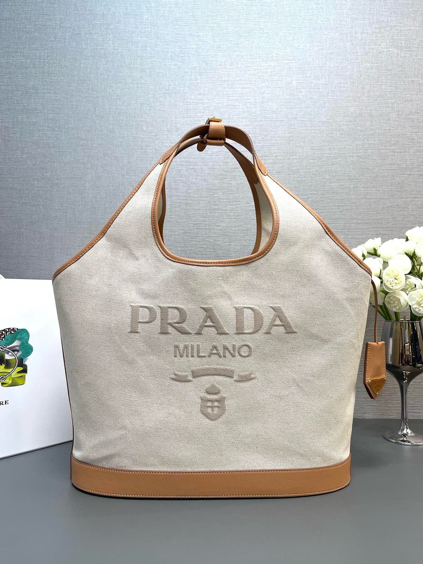 Prada Original Linen Canvas Shopping Bag 1BG472 Brown