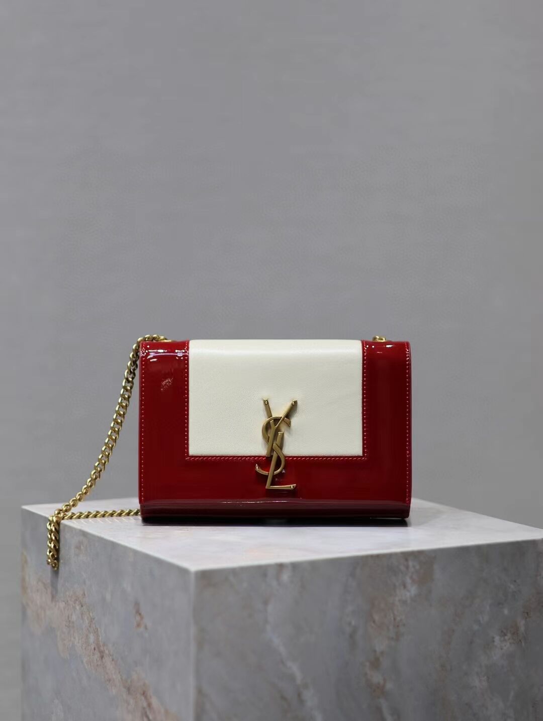 SAINT LAURENT KATE SMALL IN CANVAS AND LEATHER 742580 WHITE AND RED