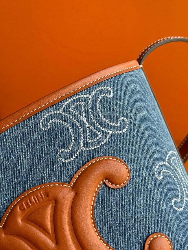 SMALL BUCKET CUIR TRIOMPHE IN DENIM WITH TRIOMPHE ALL-OVER EMBROIDERY AND CALFSKIN 198243 NAVY&TAN