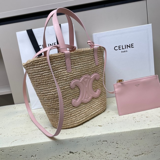 CELINE TEEN SUPPLE CELINE CLASSIC PANIER IN RAFFIA AND CALFSKIN 115802 PASTEL PINK