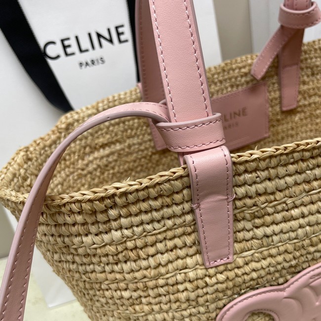 CELINE TEEN SUPPLE CELINE CLASSIC PANIER IN RAFFIA AND CALFSKIN 115802 PASTEL PINK