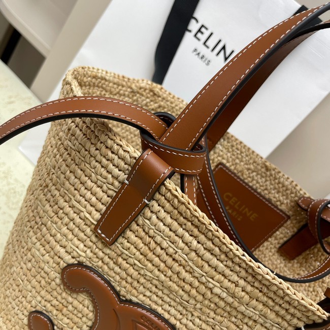 CELINE TEEN SUPPLE CELINE CLASSIC PANIER IN RAFFIA AND CALFSKIN 115802 TAN