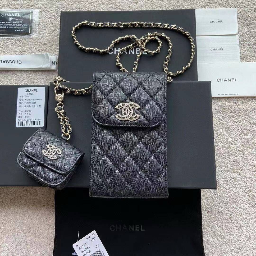 Chanel MINI FLAP PHONE CASE CAVIAR LEATHER BAG AP2742 BLACK