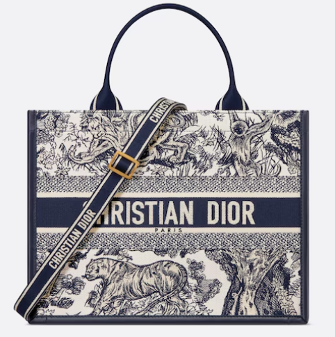 Medium Dior Book Tote White and Navy Blue Toile de Jouy Sauvage Embroidery with Navy Blue Calfskin M1324CE