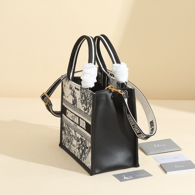 Small Dior Book Tote Latte Multicolor Dior Zodiac Embroidery and Black Calfskin M1325CET