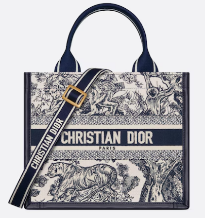 Small Dior Book Tote White and Navy Blue Toile de Jouy Sauvage Embroidery with Navy Blue Calfskin M1325CET