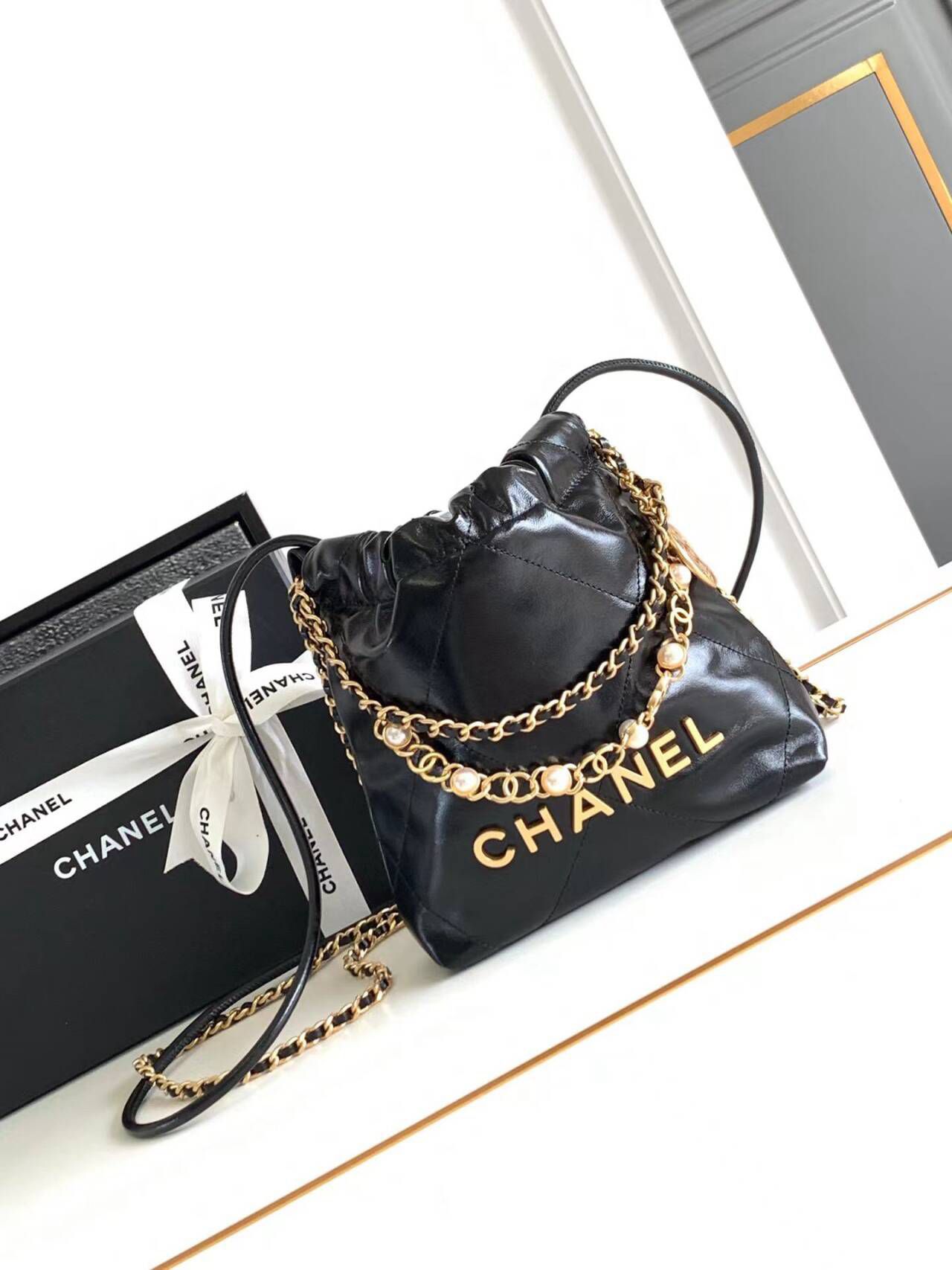 CHANEL 22 Mini Pearl Chain Handbag AS3980 Black