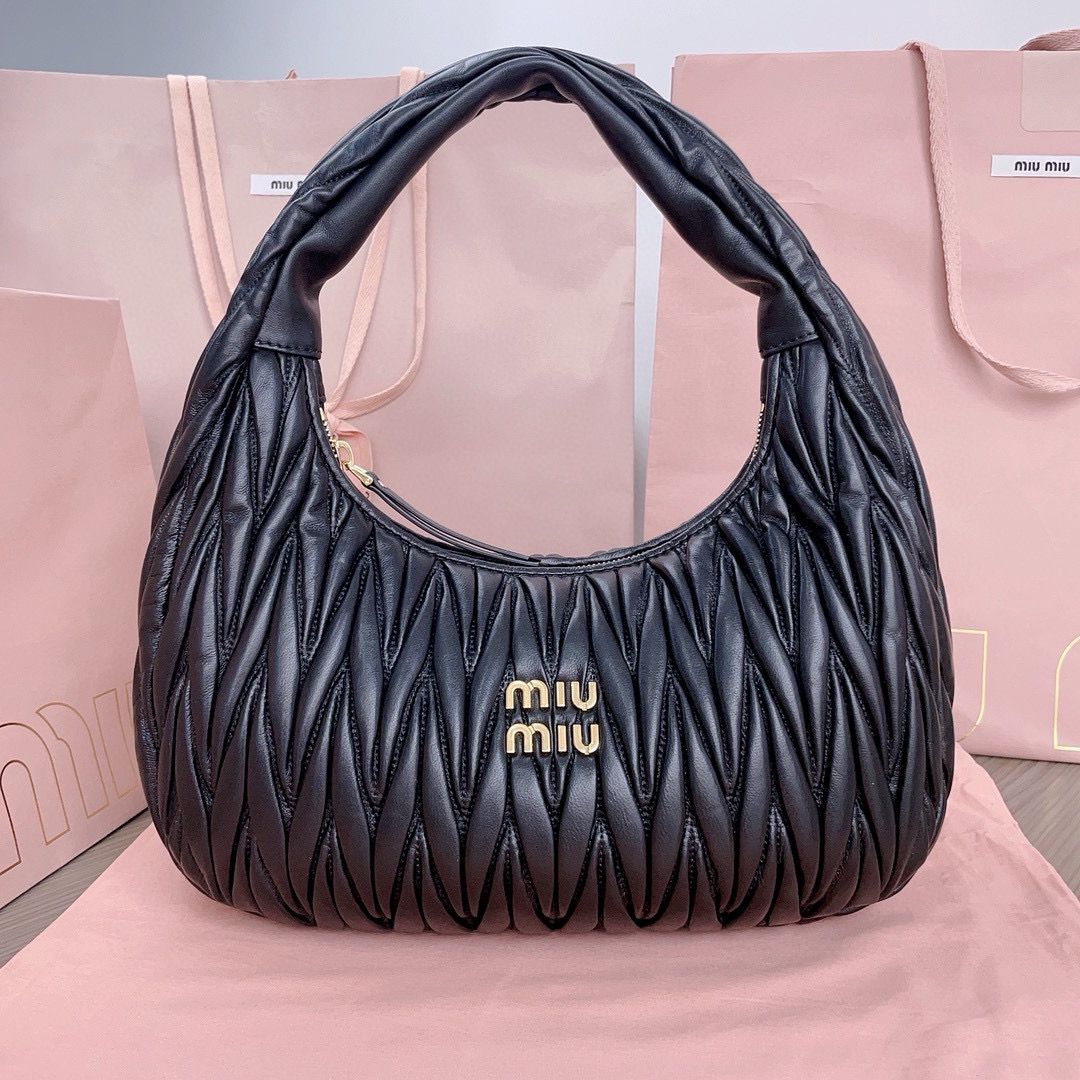 Miu Miu Wander Matelasse Nappa Original Sheepskin Hobo Bag 5BC108 Black