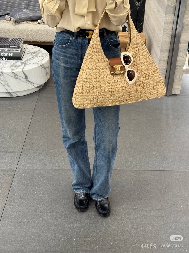 CELINE CABAS TRIANGLE IN RAFFIA AND CALFSKIN 119772 NATURAL / TAN
