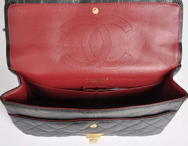 Chanel Classic Falp Bag Black Glazed Crackled Leather A28668 Black Gold