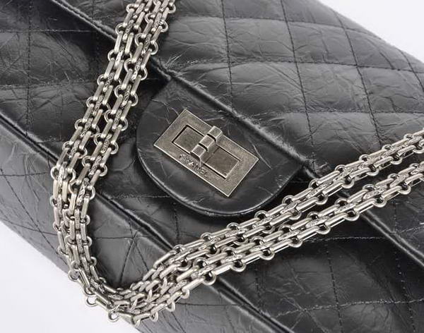 Chanel Classic Falp Bag Black Glazed Crackled Leather A28668 Black Silver