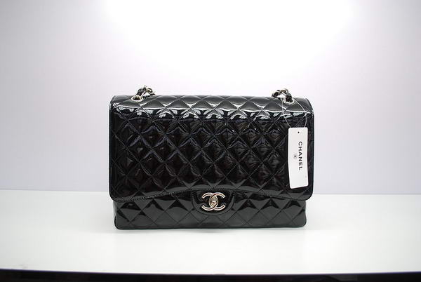 Chanel Maxi Double Flaps Bag A36098 Black Original Patent Leather Silver