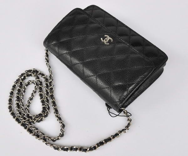 New Cheap Chanel A33814 Black Grain Leather Flap Bag Silver