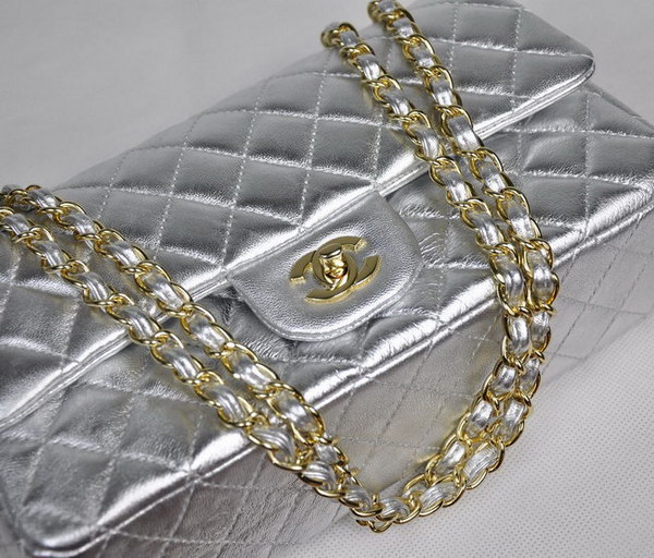 Chanel Classic Flap Bag 1112 Light Silver Leather Golden Hardware