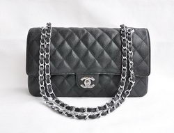 Chanel Classic 2.55 Series Black Caviar Silver Chain Quilted Flap Bag 1113