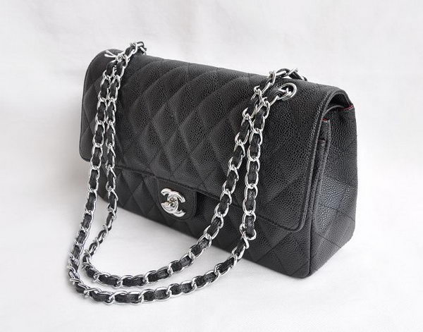 Chanel Classic 2.55 Series Black Caviar Silver Chain Quilted Flap Bag 1113