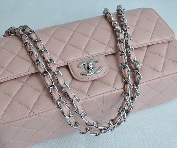 Chanel Classic 2.55 Series Pink Lambskin Silver Chain Quilted Flap Bag 1113
