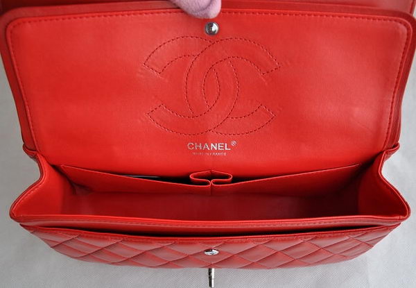 Chanel Classic 2.55 Series Red Lambskin Silver Chain Quilted Flap Bag 1113