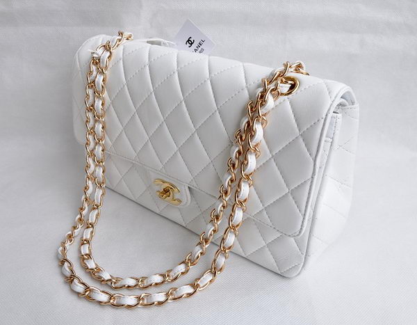 Chanel Classic 2.55 Series White Lambskin Golden Chain Quilted Flap Bag 1113