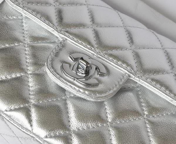 Chanel Classic Light Silver Lambskin Silver Chain Quilted Flap Bag 1115