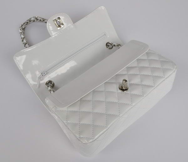 Cheap Chanel 2.55 Series Flap Bag 1112 White Patent Leather Silver Hardware