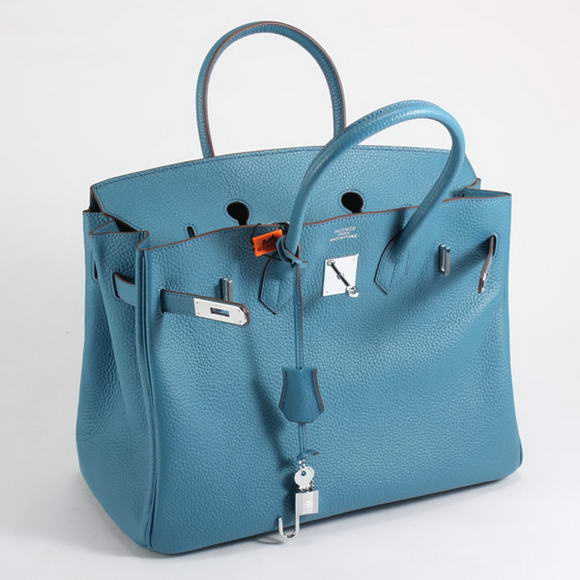 Hermes Birkin 35CM Togo Leather Handbag 6089 Blue Silver