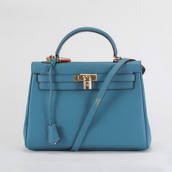 Hermes Kelly 32cm Togo Leather Handbags 6018 Blue Golden
