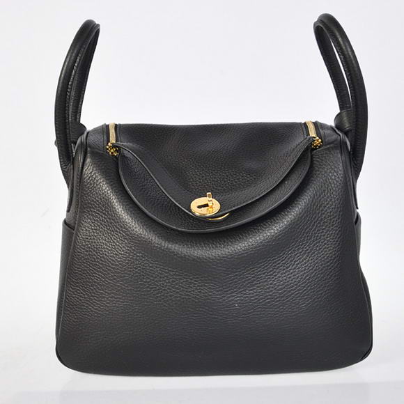 Hermes Lindy 30CM Havanne Handbags 1057 Black Leather Golden Hardware