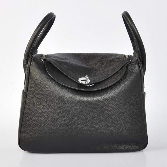Hermes Lindy 30CM Havanne Handbags 1057 Black Leather Silver Hardware
