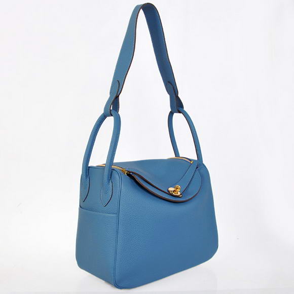 Hermes Lindy 30CM Havanne Handbags 1057 Blue Leather Golden Hardware