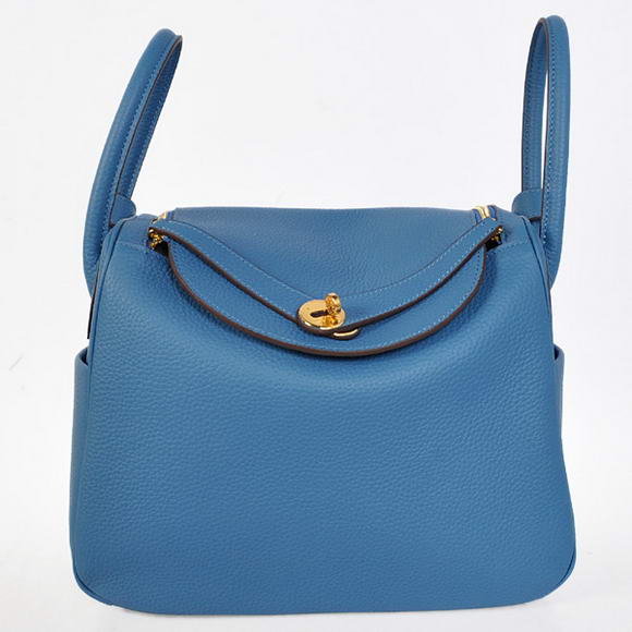 Hermes Lindy 30CM Havanne Handbags 1057 Blue Leather Golden Hardware