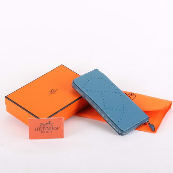 Hermes Togo Leather Perforated Zippy Wallet 9032 Blue