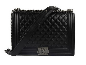 Chanel A67026 Black Lambskin Leather Le Boy Flap Shoulder Bag