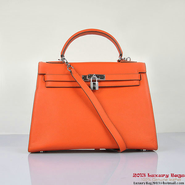 Hermes Kelly 32cm Shoulder Bags H6108 Orange Leather Silver