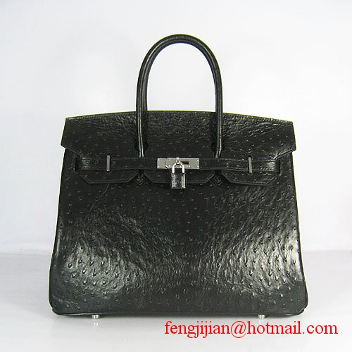 Hermes Birkin 35cm Ostrich Veins Handbag Black 6089 Silver Hardware