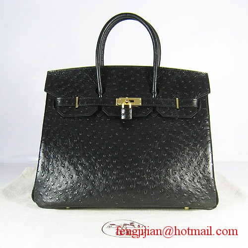 Hermes Birkin 35cm Ostrich Veins Handbag Black 6089 Gold Hardware