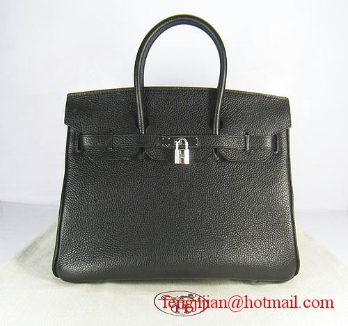 Hermes Birkin 35cm Embossed Veins Leather Bag Black 6089 Silver Hardware