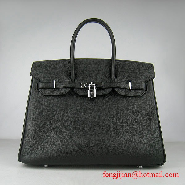 Hermes Birkin 35cm Tendon Veins Leather Bag Black Silver Hardware