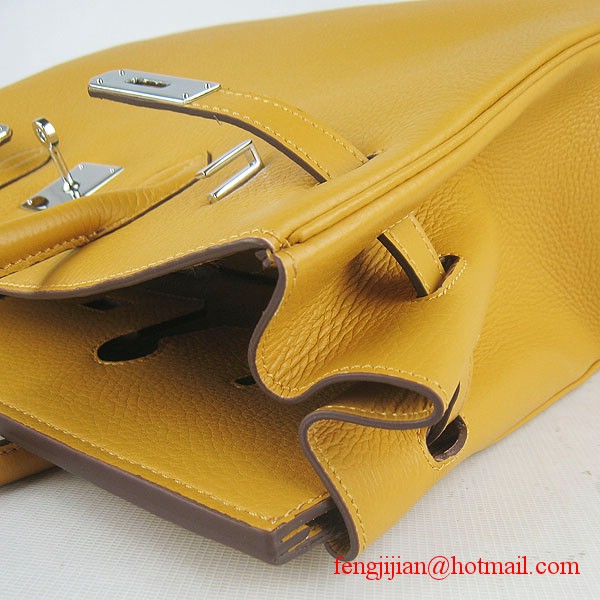 Hermes 35cm Embossed Veins Leather Bag Yellow 6089 Silver Hardware