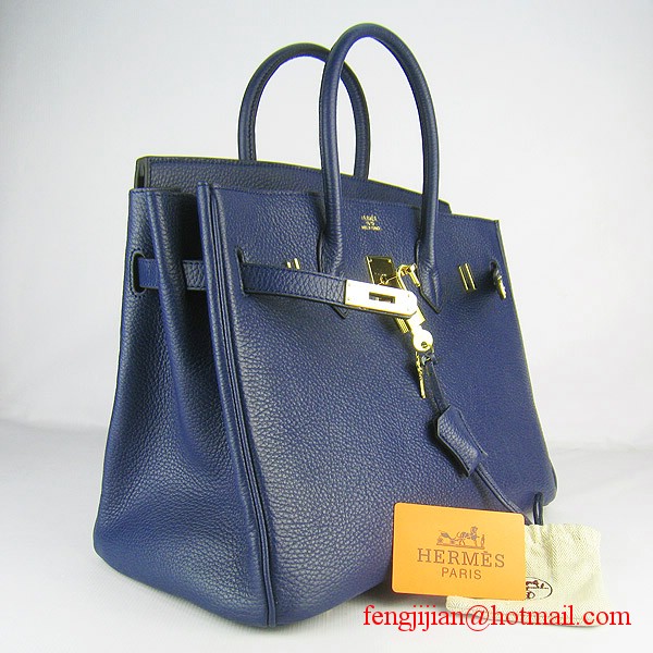 Hermes Birkin 35cm Embossed Veins Leather Bag Dark Blue 6089 Gold Hardware