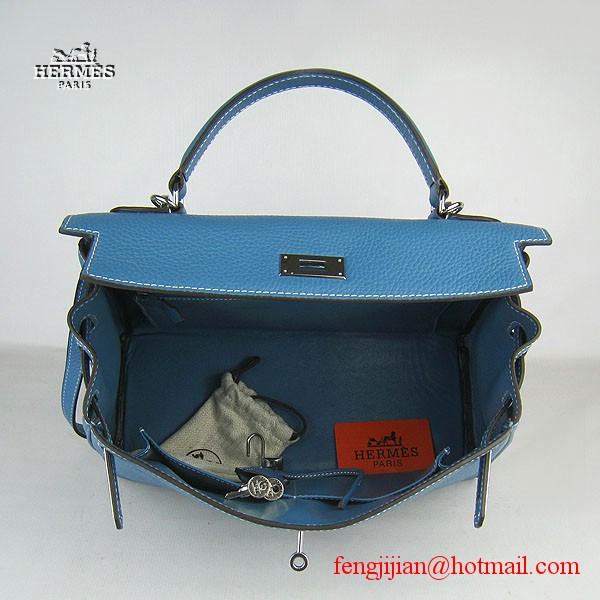 Hermes Kelly 32cm Togo Leather Bag Blue 6108 Silver Hardware