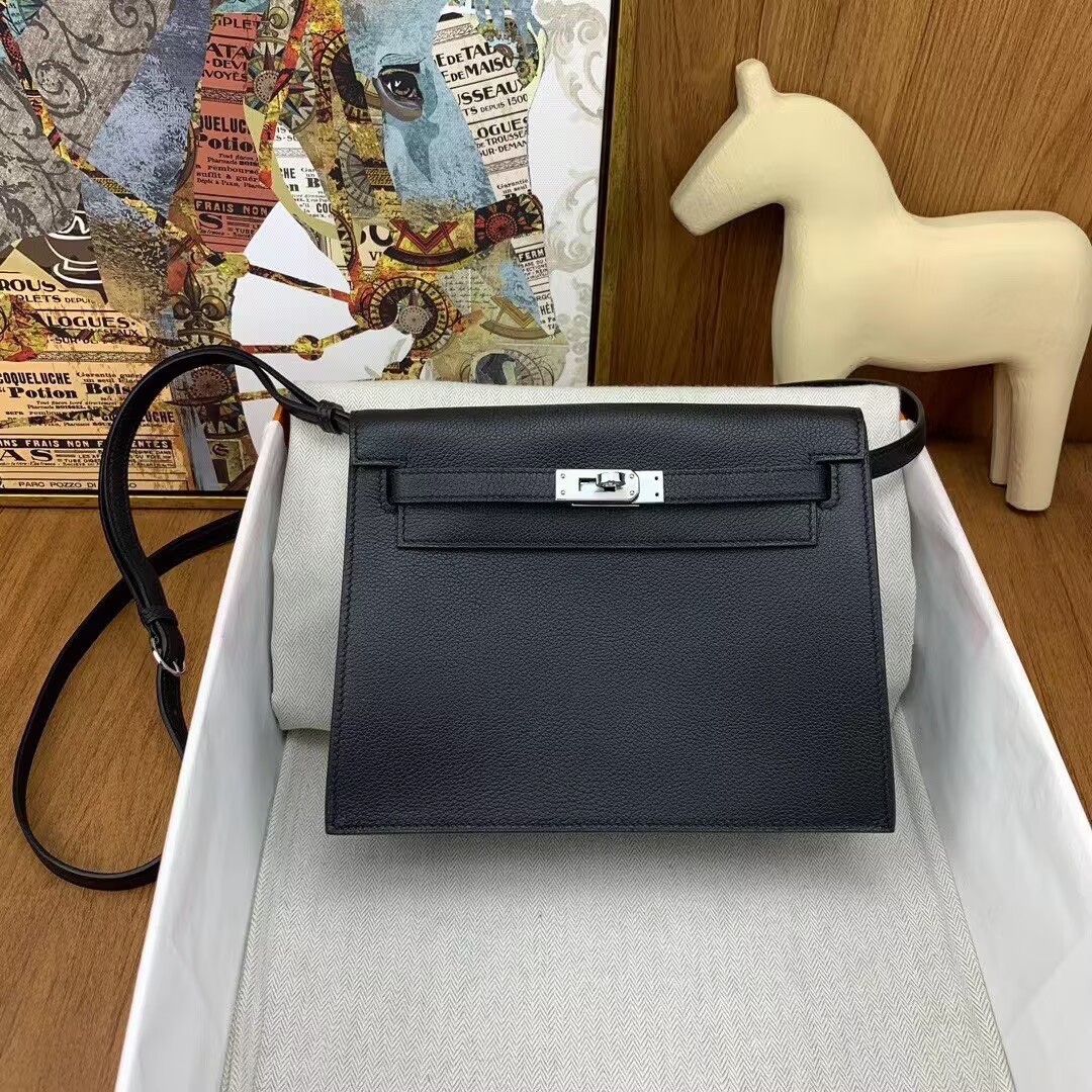 Hermes Kelly Danse Original Evercolor Leather 22CM KL22 Black Silver-Tone
