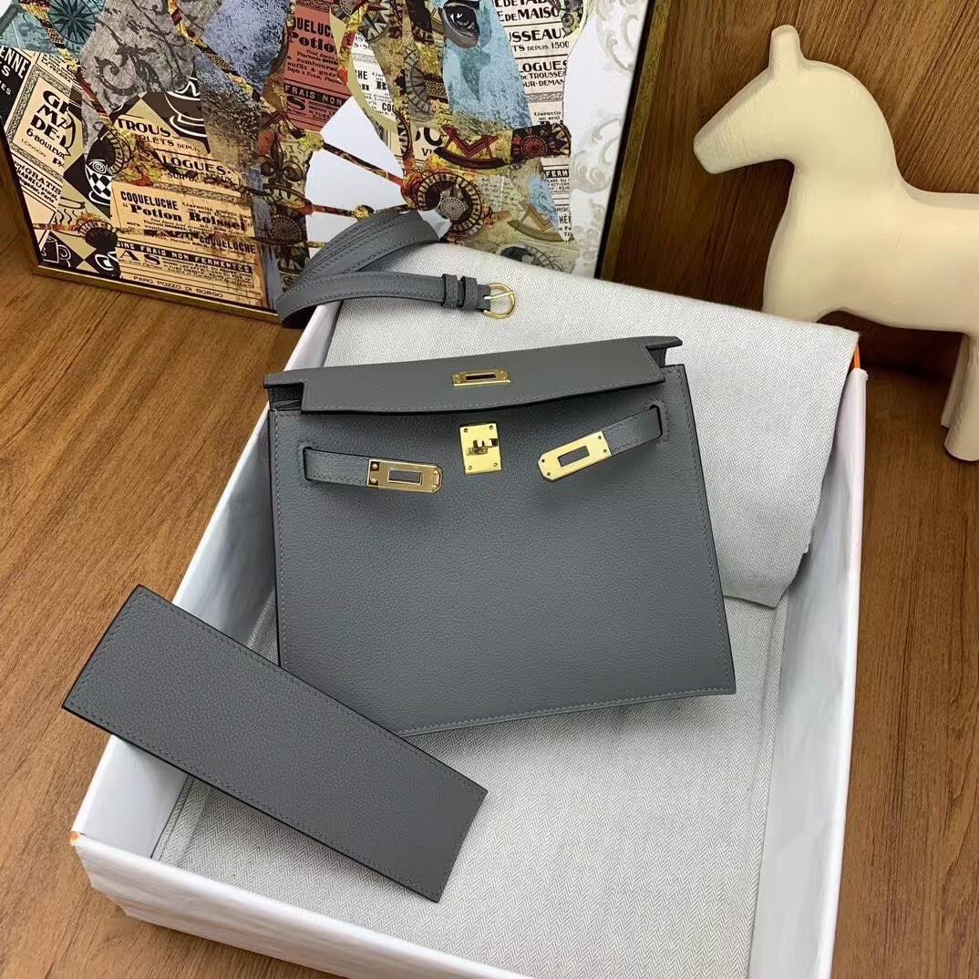 Hermes Kelly Danse Original Evercolor Leather 22CM KL22 Gray Gold-Tone