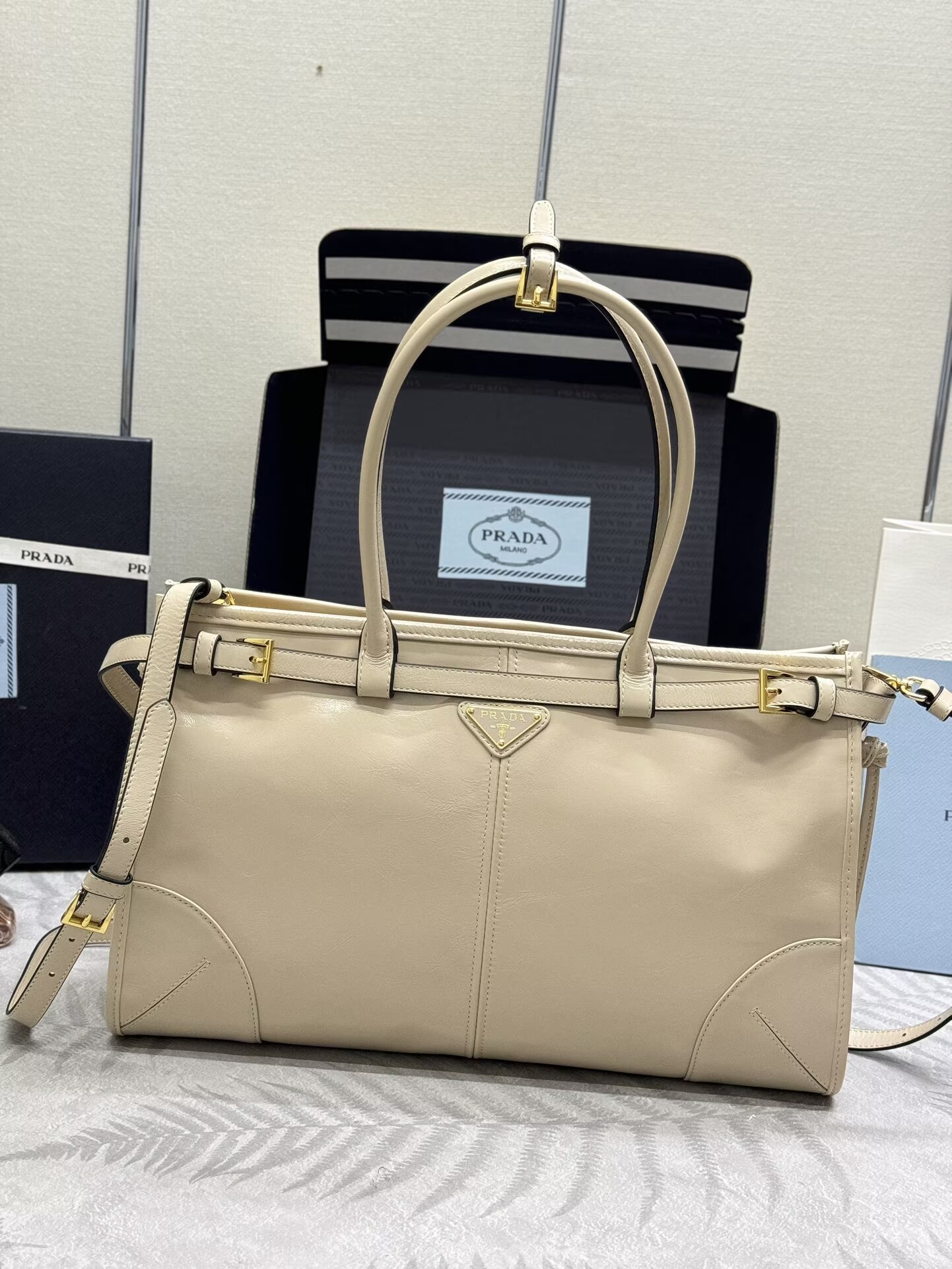 Prada Bonnie Leather Tote Bag 1BA433 Cream