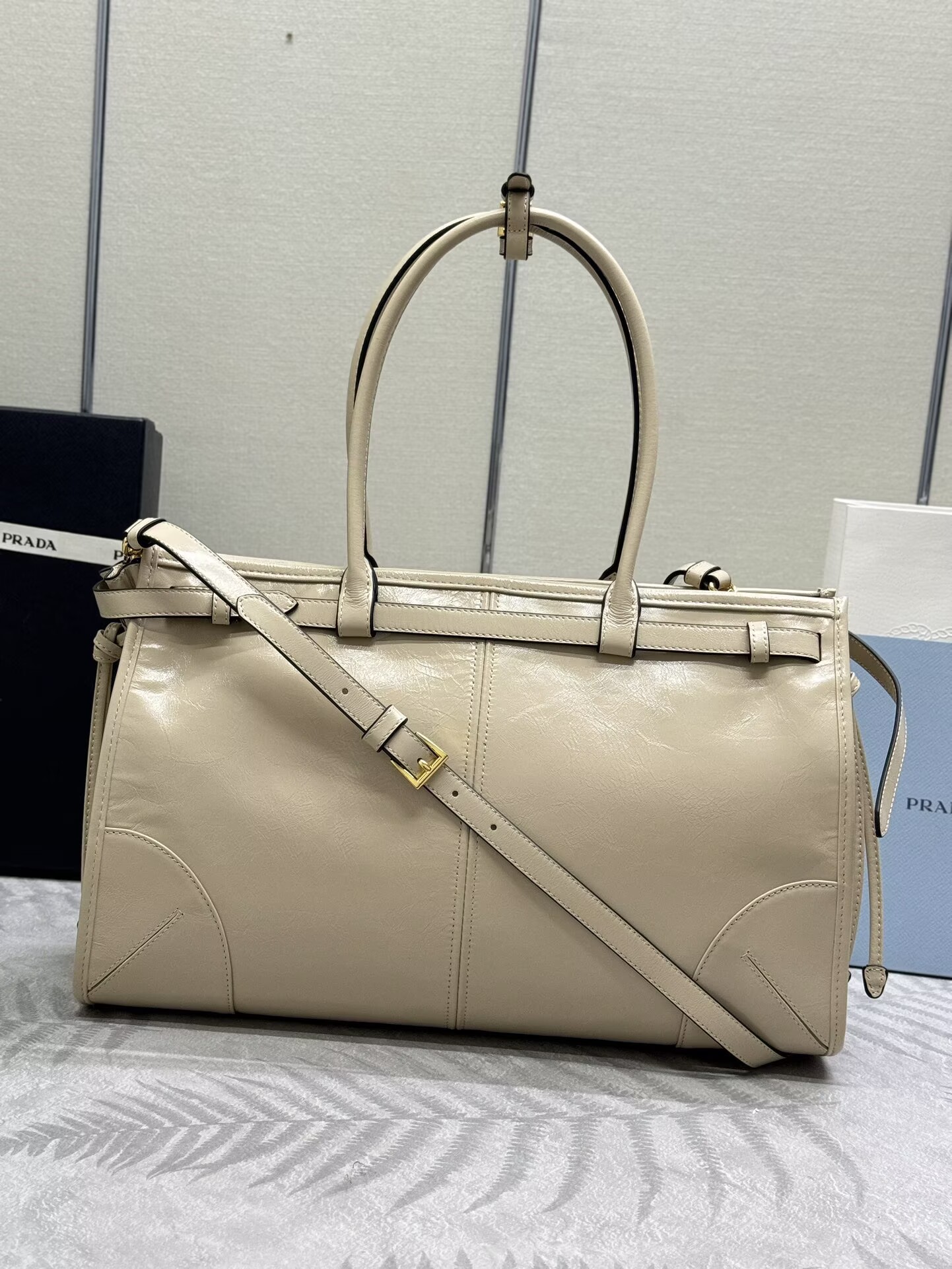 Prada Bonnie Leather Tote Bag 1BA433 Cream